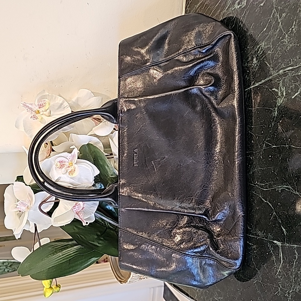Vintage Furla Black Leather Top Handle Tote Satchel Bag